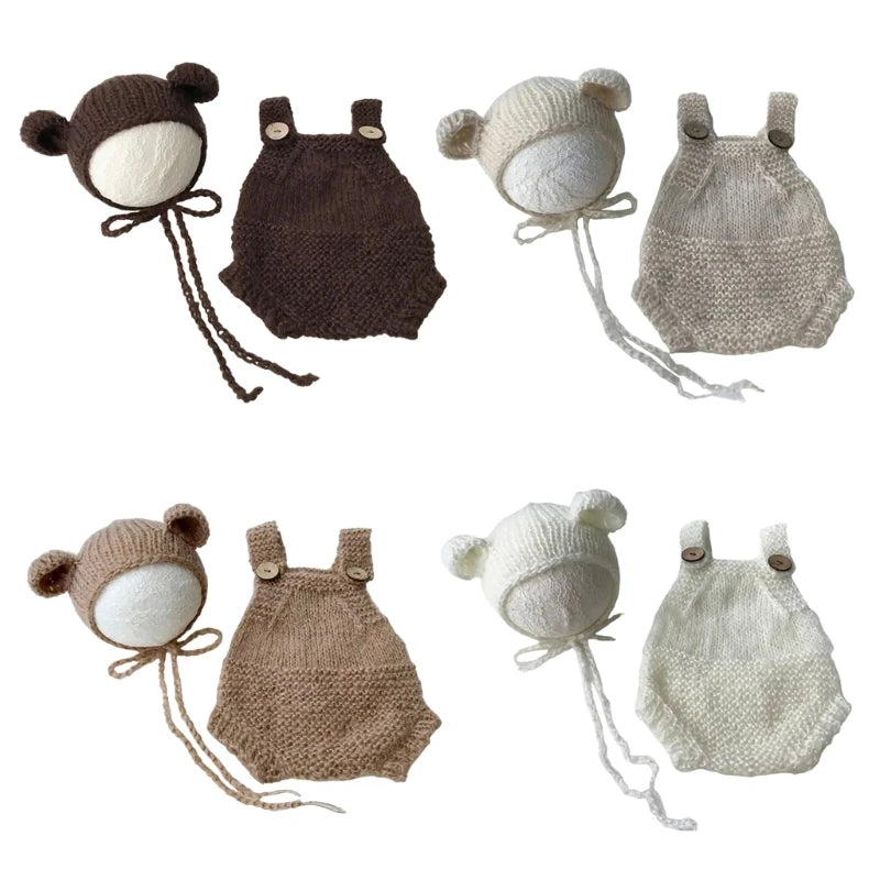 Newborn Photography Props Bear Costume Hat Suspenders Pants Photo Romper Baby Photo Clothes Baby Photoshoots Outfit
