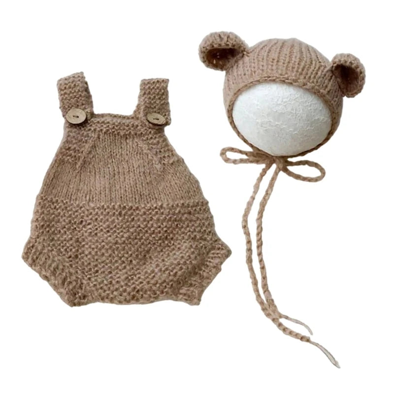 Newborn Photography Props Bear Costume Hat Suspenders Pants Photo Romper Baby Photo Clothes Baby Photoshoots Outfit