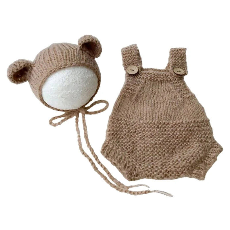 Newborn Photography Props Bear Costume Hat Suspenders Pants Photo Romper Baby Photo Clothes Baby Photoshoots Outfit